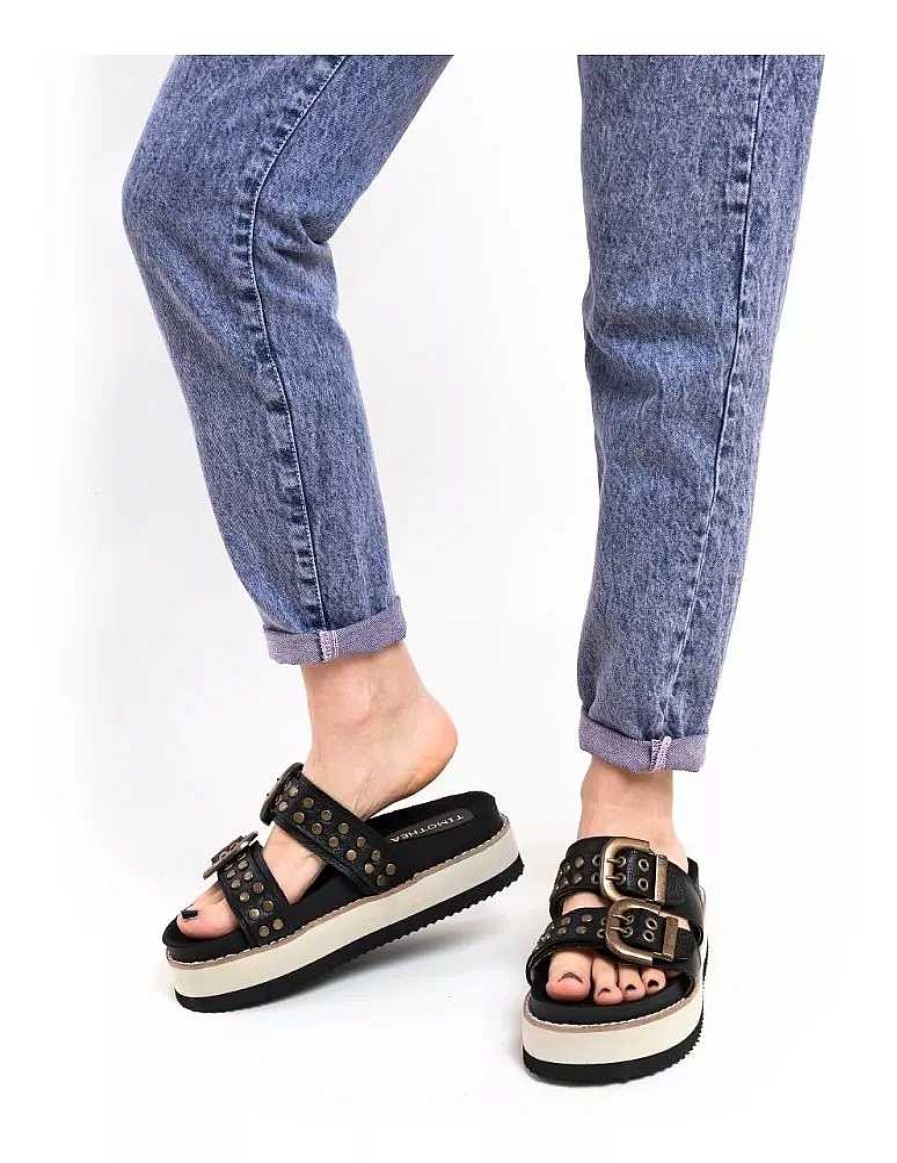 Mujer Timothea | Sandalias Mujer Zapatos Taco Cuadrado Cuero Vacuno Base Antideslizante Comodas Livianas Negro